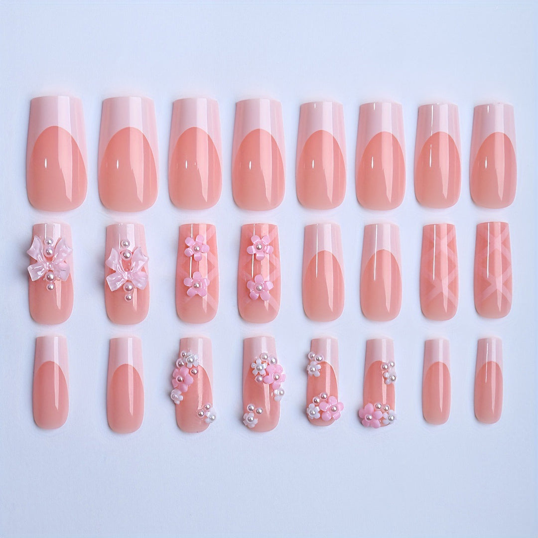 Acrylic nail set with elegant 3D flowers and ribbon decorations Kalsten