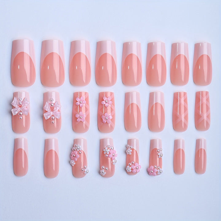 Acrylic nail set with elegant 3D flowers and ribbon decorations Kalsten