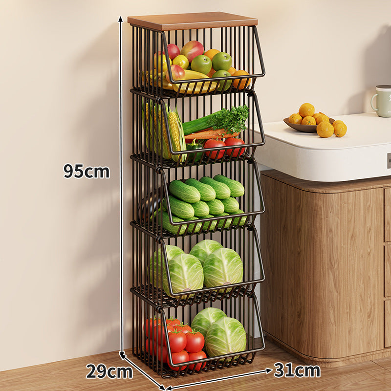 Compact Triple-Tier Rolling Wire Vegetable and Fruit Storage Cart with Wooden Top