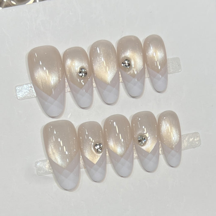Elegant Geometric Press-On Nail Set with Rhinestone Detail Kalsten