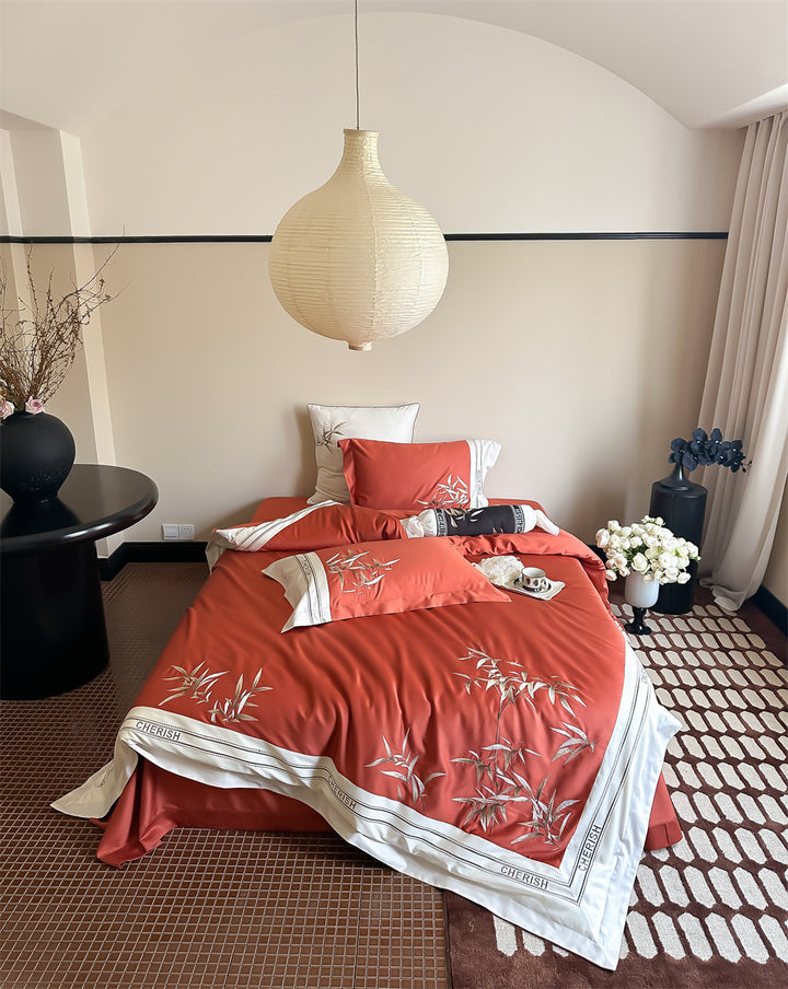 Duvet cover set made of cotton satin with embroidered bamboo motif, fine border & decorative roll cover