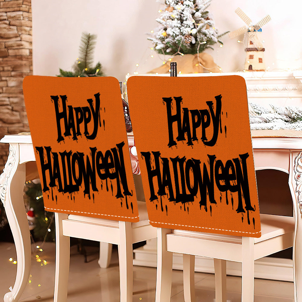 festive Halloween chair covers made of stretchable polyester with witch hat and lettering design