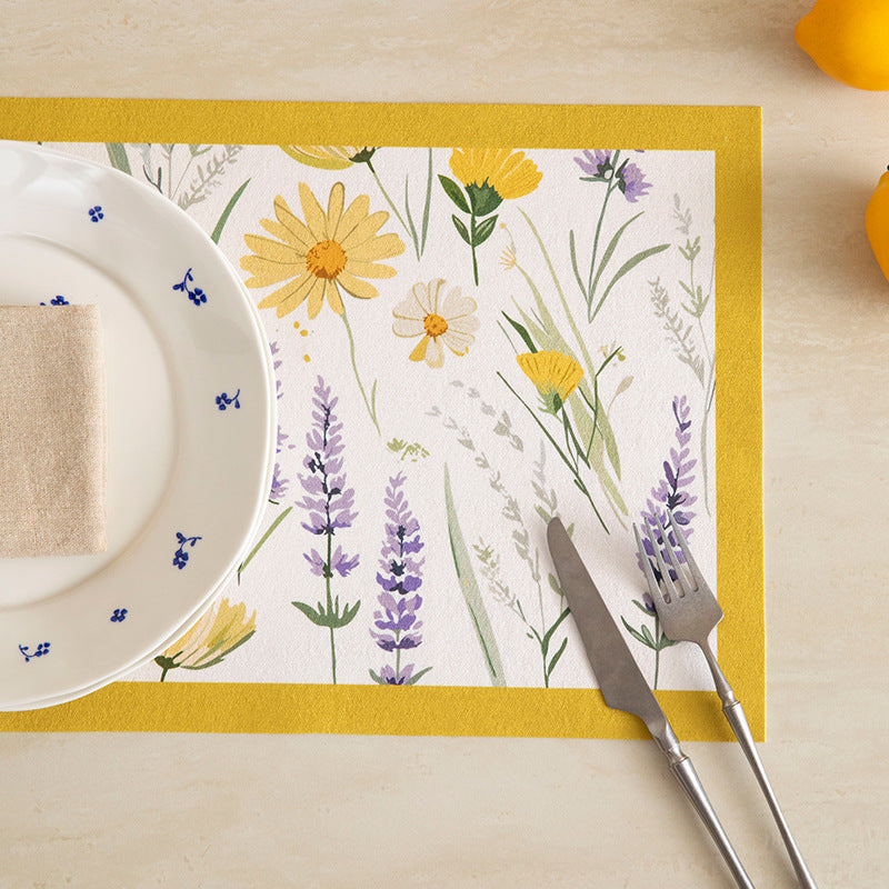 Printed rectangular placemat made of cotton blend with floral illustration print and contrast border Kalsten