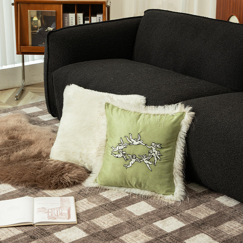 Square decorative velvet cushion cover with faux fur trim and cherub embroidery Kalsten