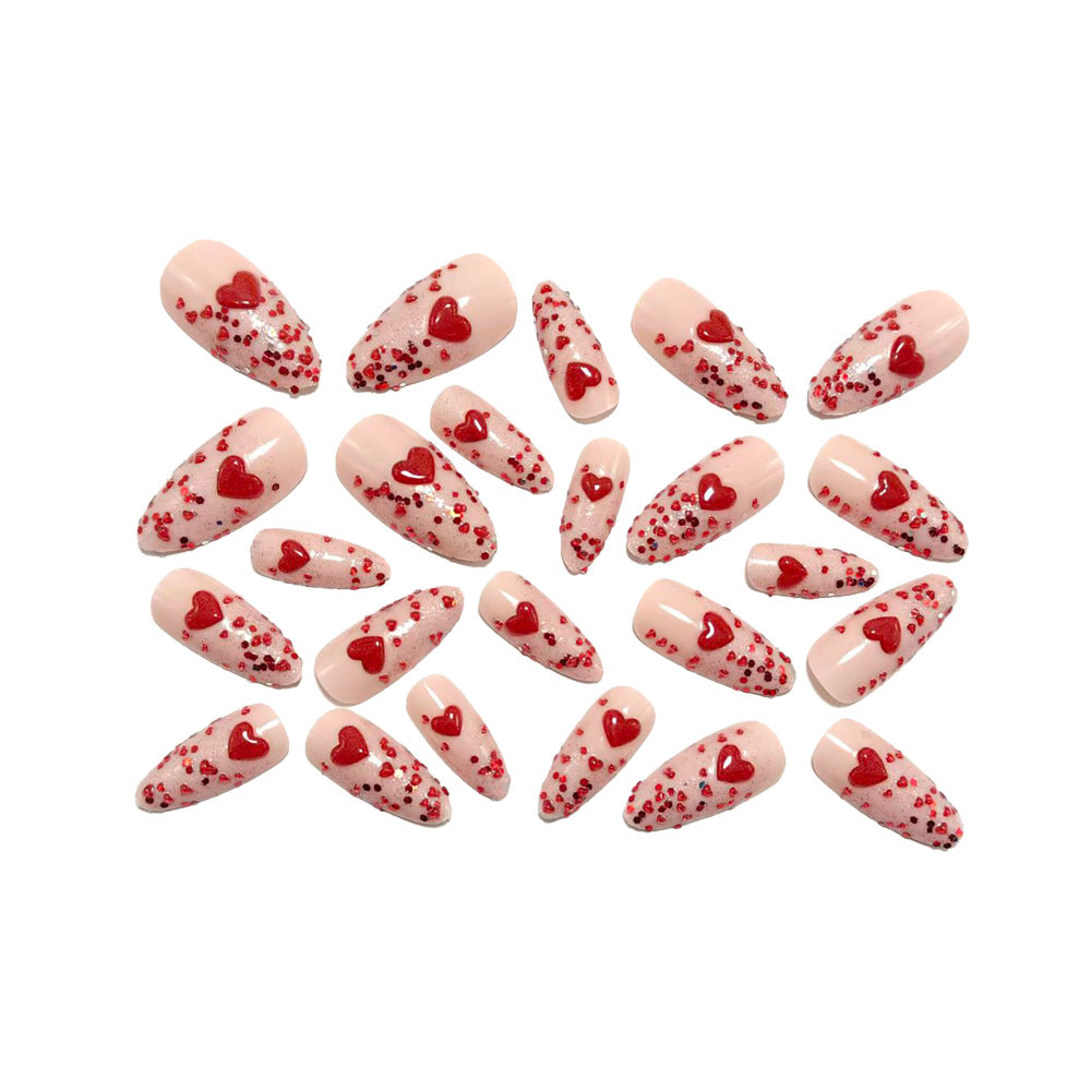 Artificial nails with sparkling heart design and glitter coating Kalsten