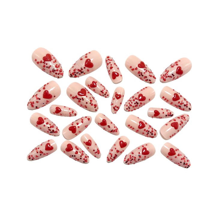 Artificial nails with sparkling heart design and glitter coating Kalsten