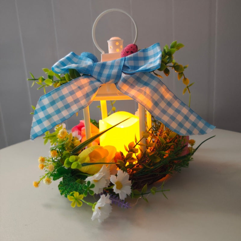 Decorative table lantern with artificial flowers and ribbon Kalsten
