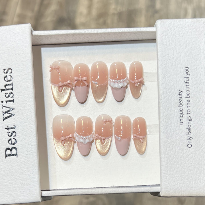 Elegant Press-On Nail Art Set with Pearl and Bow Accents Kalsten