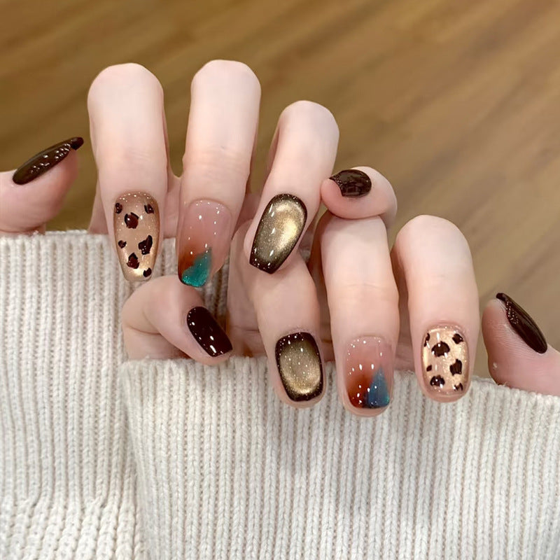 Artistic Press-On Nail Set with Leopard Print and Gold Accents Kalsten