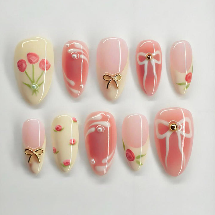 Artificial nail set with floral accents and elegant glitter Kalsten