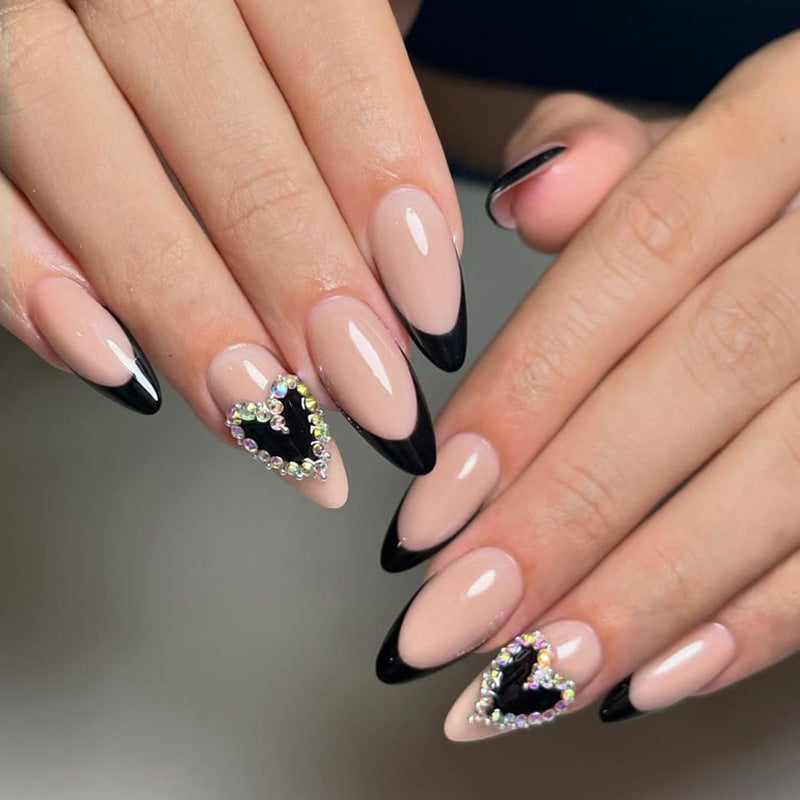 Artistic Press-On Nail Set with Heart and Gem Details kalsten