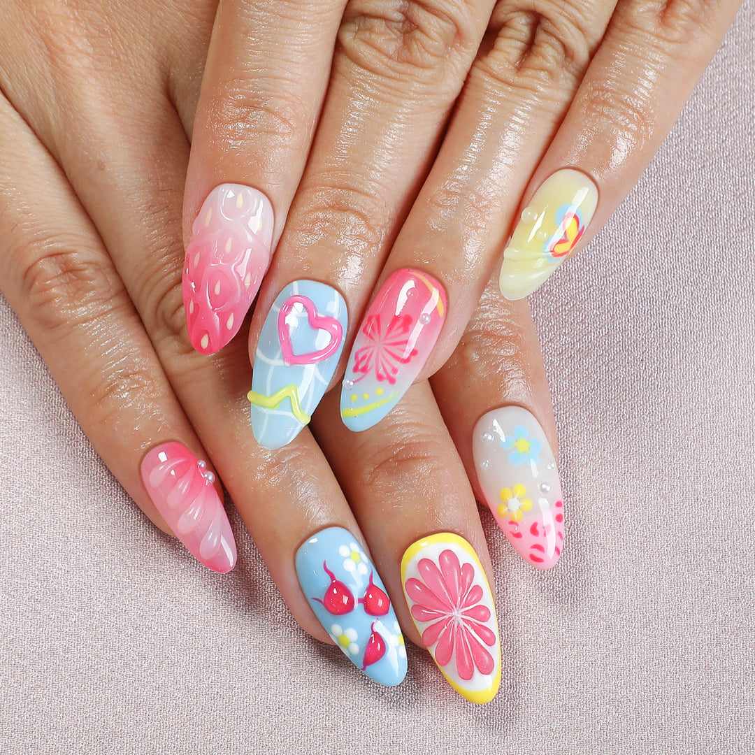 Creative nail art set with playful floral design and glitter effects Kalsten