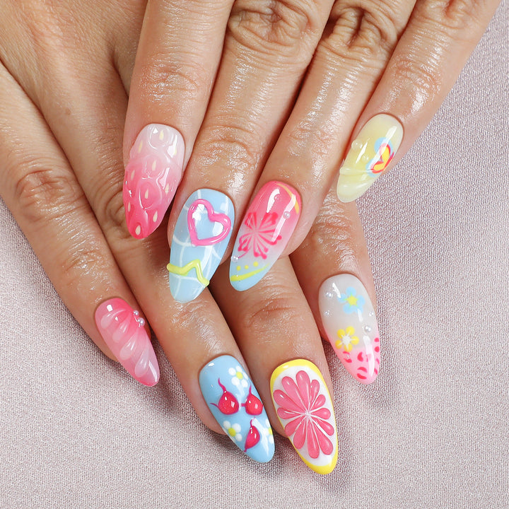 Creative nail art set with playful floral design and glitter effects Kalsten