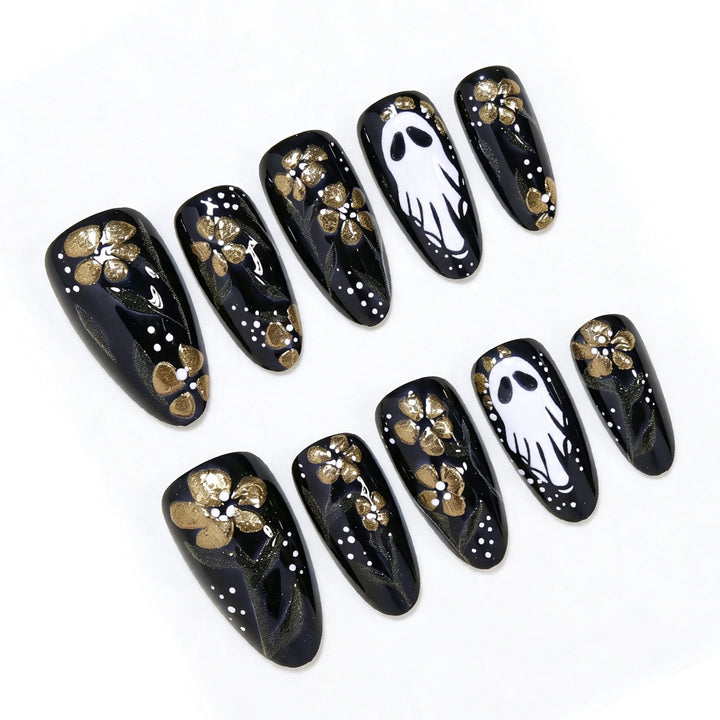 Artistic Ghost and Floral Theme Press-On Nail Art Kalsten