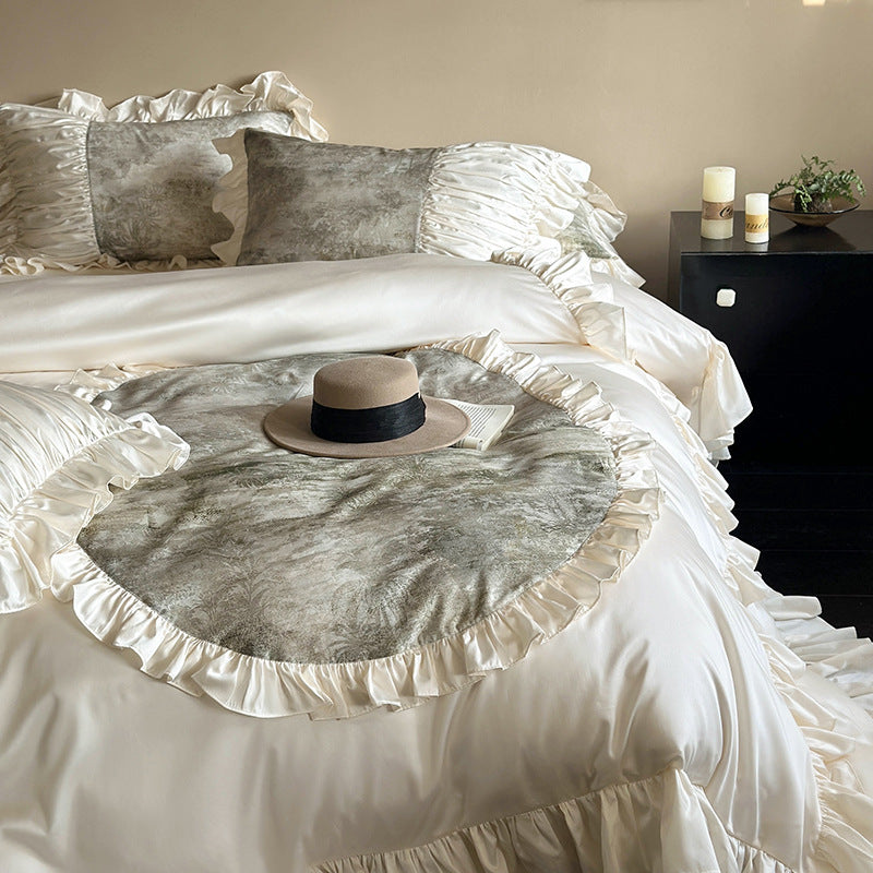 Luxurious Ruffle Bedding Set with Velvet Heart Appliqué