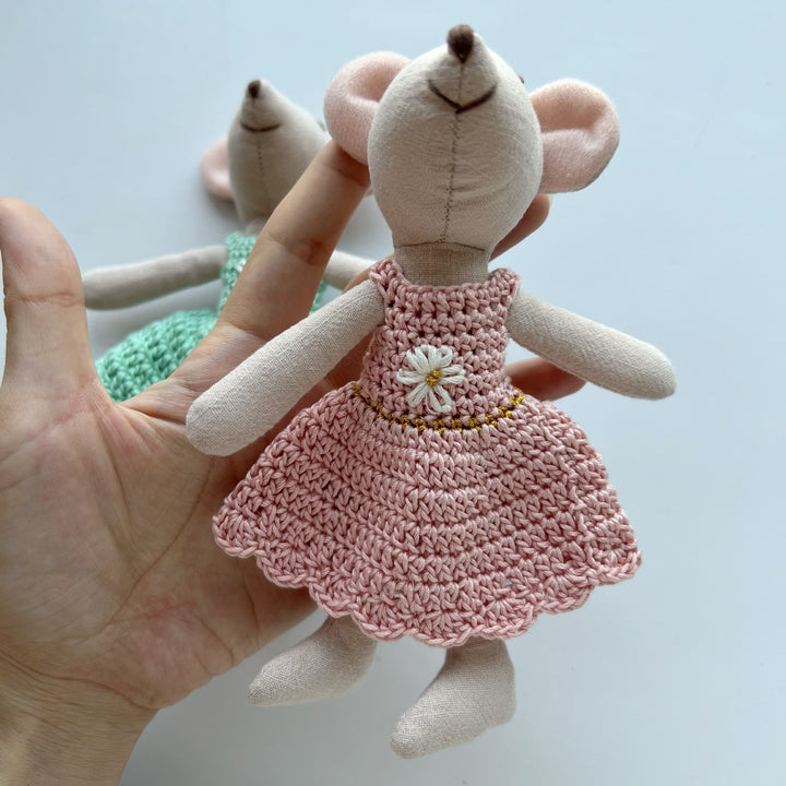 Handcrafted Linen Plush Mouse Doll with Crocheted Dress and Embroidered Details