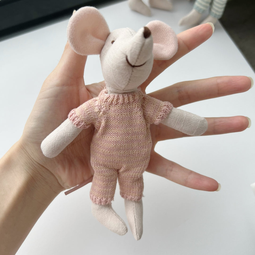 Miniature Hand-Sewn Linen Mouse Soft Toy with Crocheted Dress