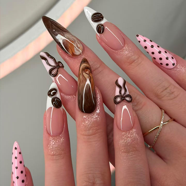 Elegant artificial nails with chocolate motifs and 3D elements Kalsten