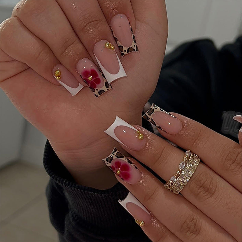 Acrylic Nail Set with Modern Floral and Leopard Designs Kalsten