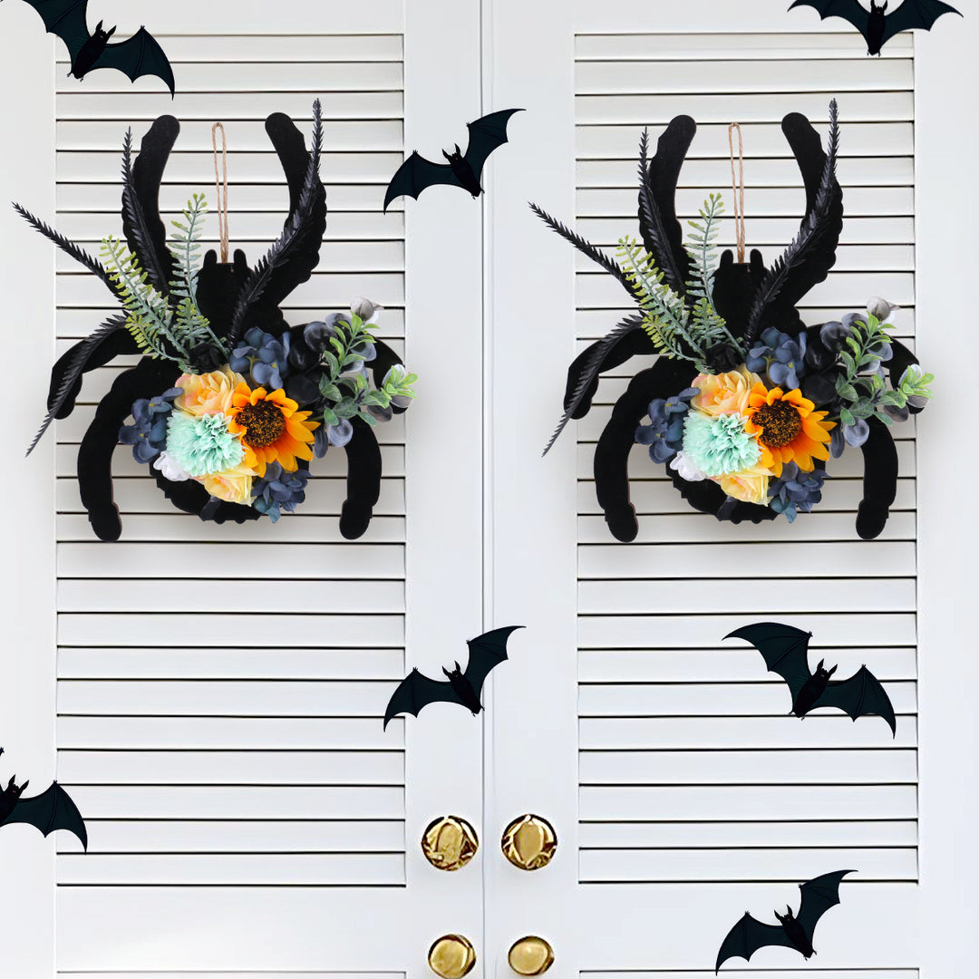 Hanging Halloween Spider Wall Decoration made of Wood with Artificial Flowers