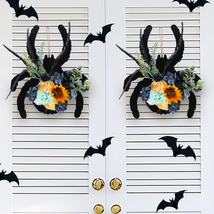 Hanging Halloween Spider Wall Decoration made of Wood with Artificial Flowers