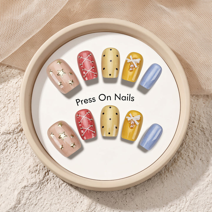 Decorative Press-On Nail Set with Star and Bow Designs Kalsten