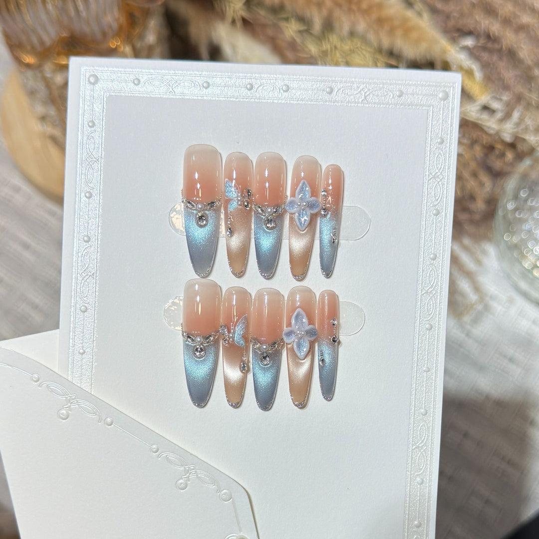 Artistic Press-On Nail Set with Floral and Gemstone Accents Kalsten