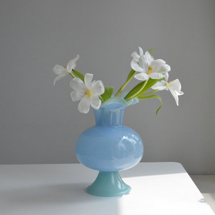 Handblown Ruffled-Rim Bulb-on-Pedestal Art Glass Vase Kalsten