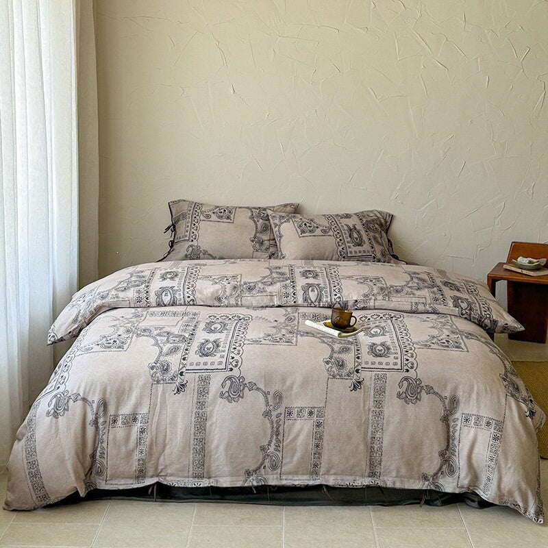 Finely woven cotton bedding set with delicate floral print and decorative ties