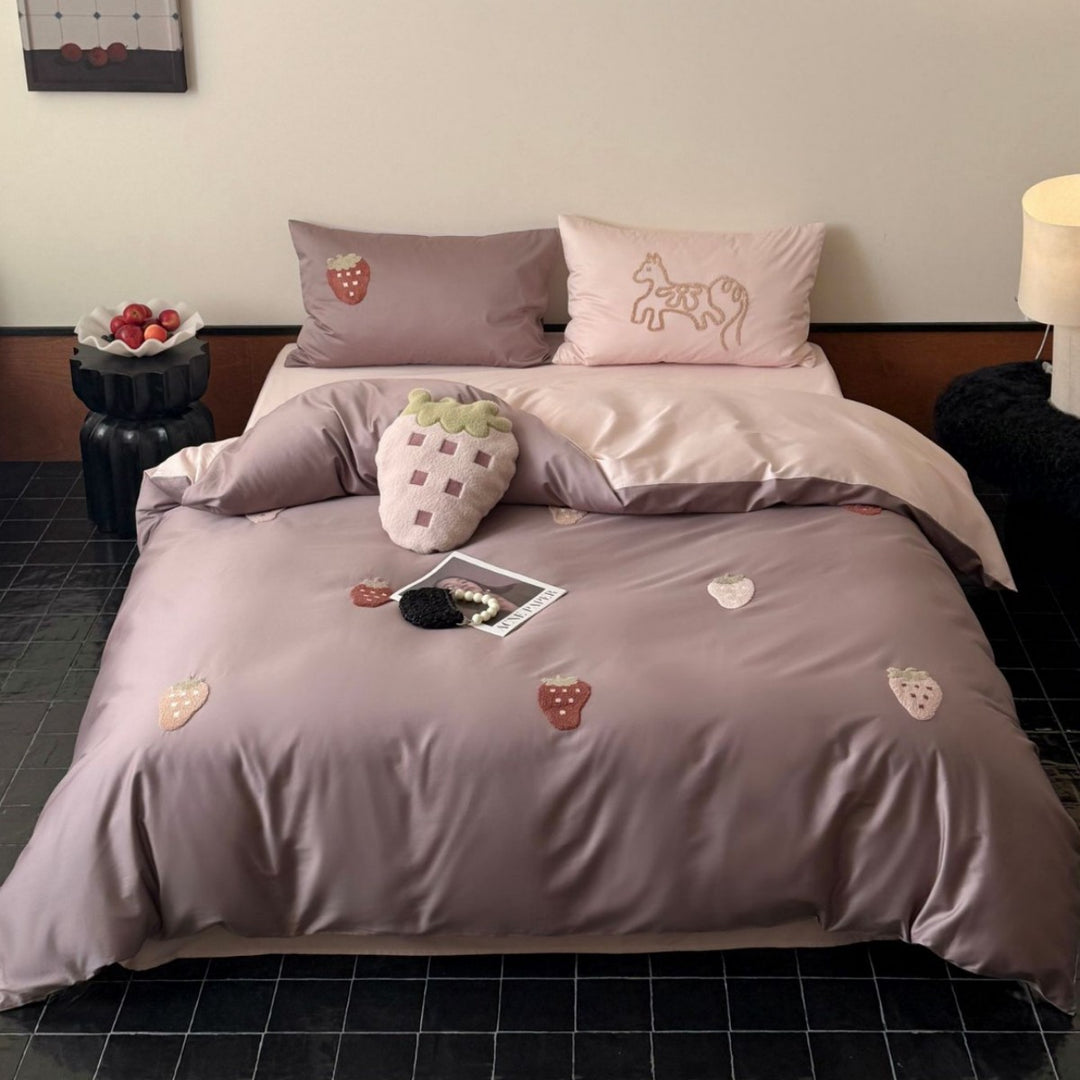 Luxurious cotton satin bedding set with embroidered strawberry appliqués