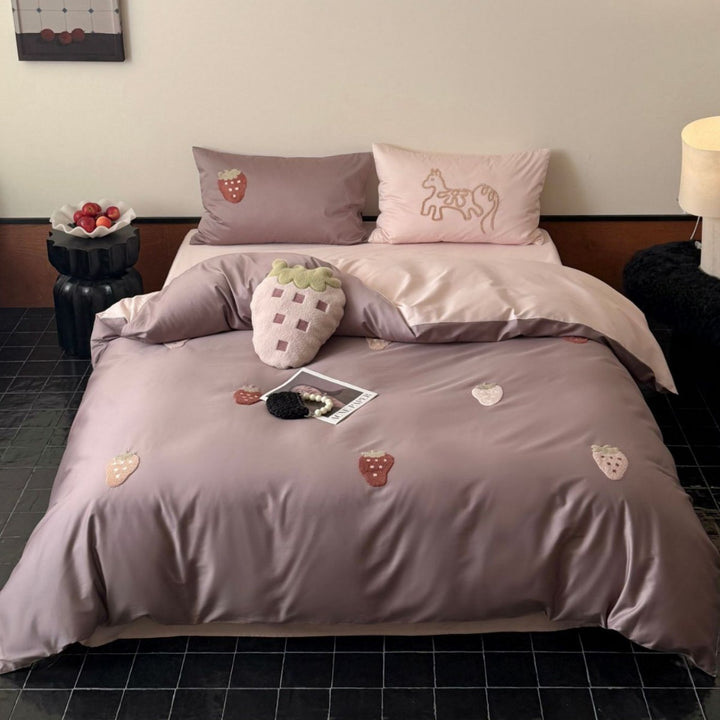 Luxurious cotton satin bedding set with embroidered strawberry appliqués