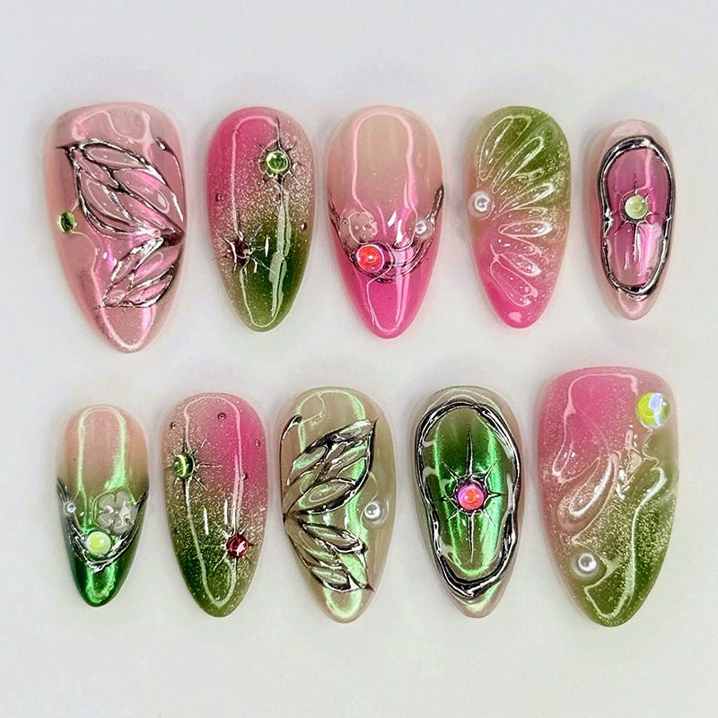 Artificial nail set with elegant color gradients and decorative 3D elements Kalsten