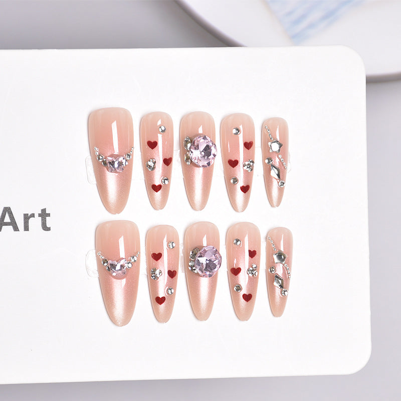 Decorative Press-On Nail Art with Heart and Gem Accents Kalsten