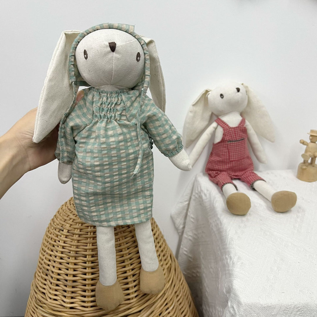 Plush Linen Bunny Doll with Long Ears Bow Tie and Removable Check Overalls