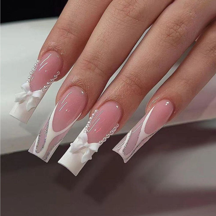 Elegant Fake Nails with Pearl and Bow Decorations Kalsten