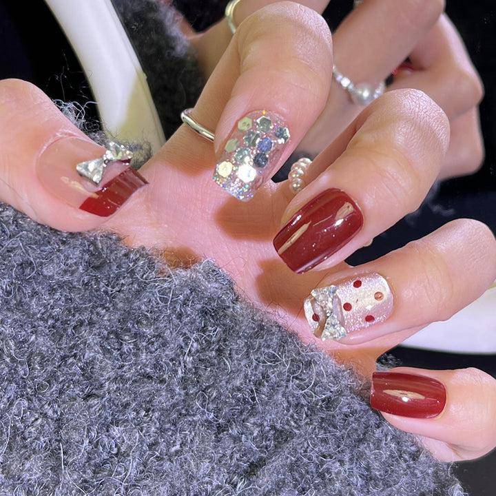 Decorative Press-On Nail Set with Bow and Glitter Kalsten