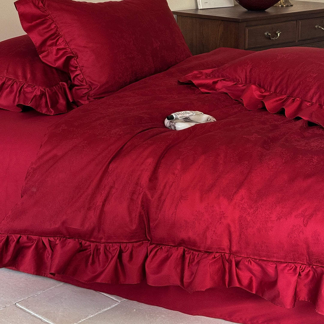 Bedding set with ruffled hem, woven floral jacquard and luxurious cotton satin quality