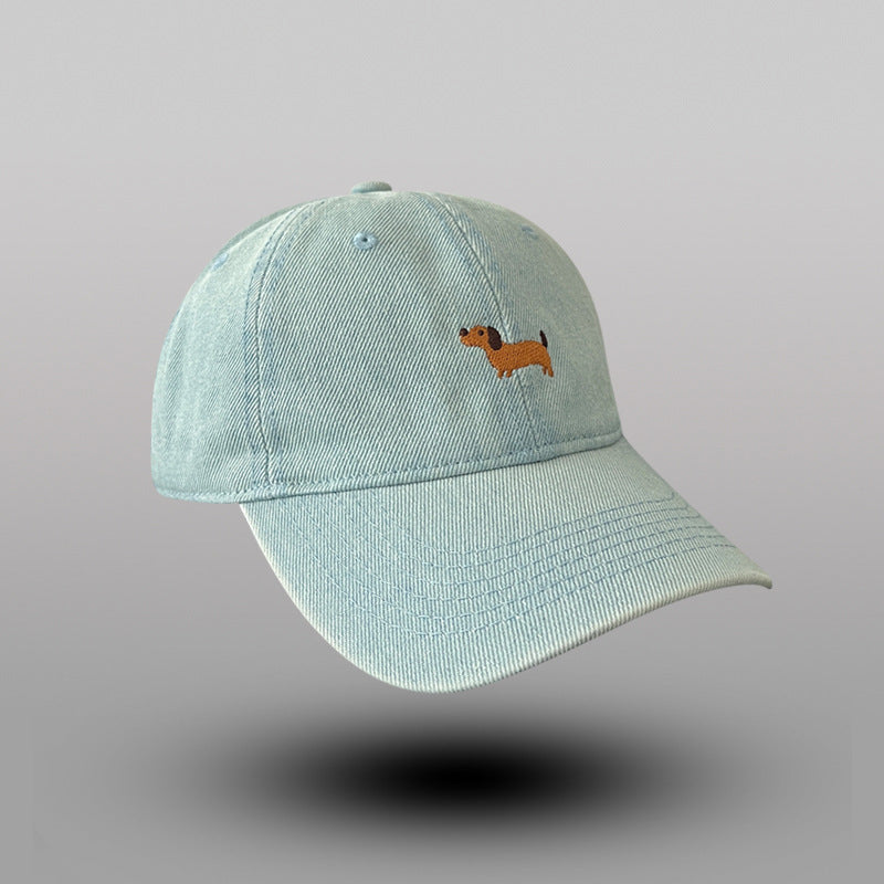 Denim Baseball Cap with Whimsical Dog Embroidery