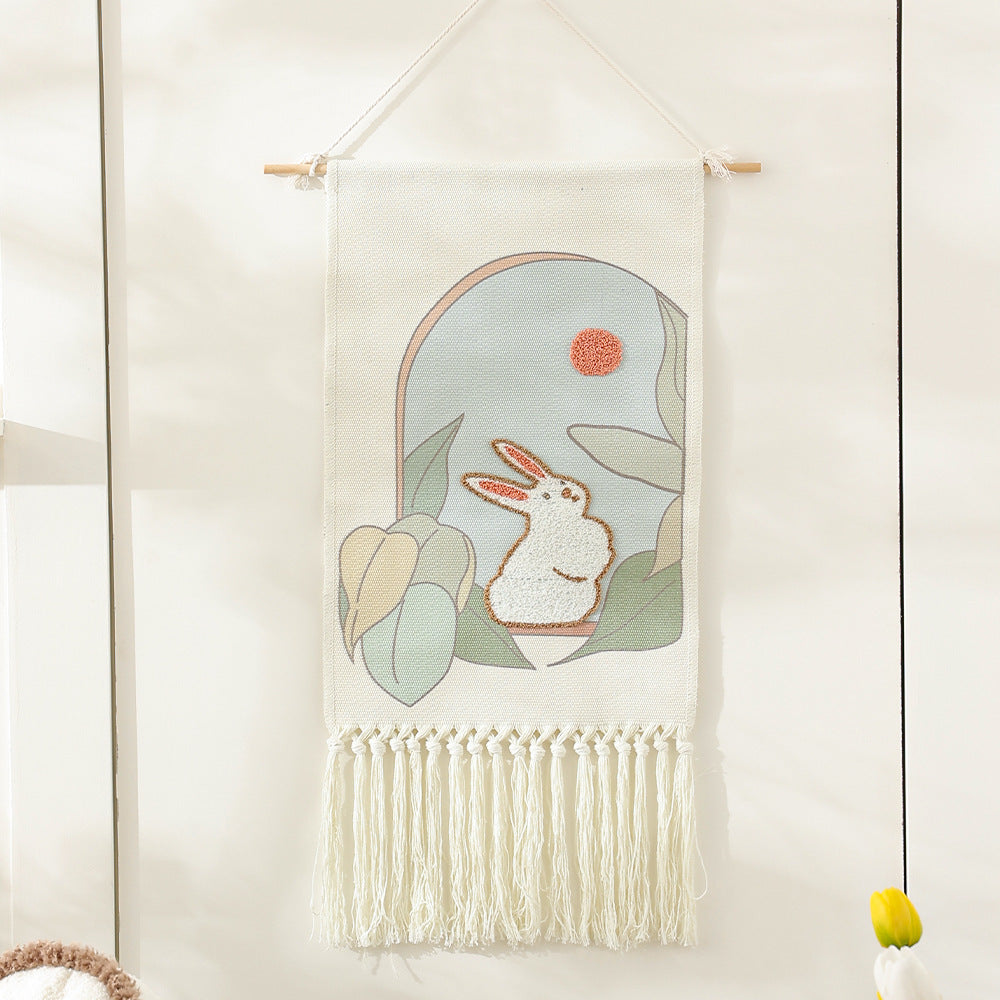 Woven cotton wall hanging with punch needle flower relief and fringes Kalsten