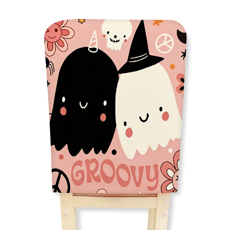 Padded chair back cover with Halloween illustration and spider web design