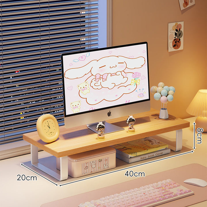 Elevated Monitor Riser Stand with Wood-Effect Top Metal Frame and Under-Shelf Storage