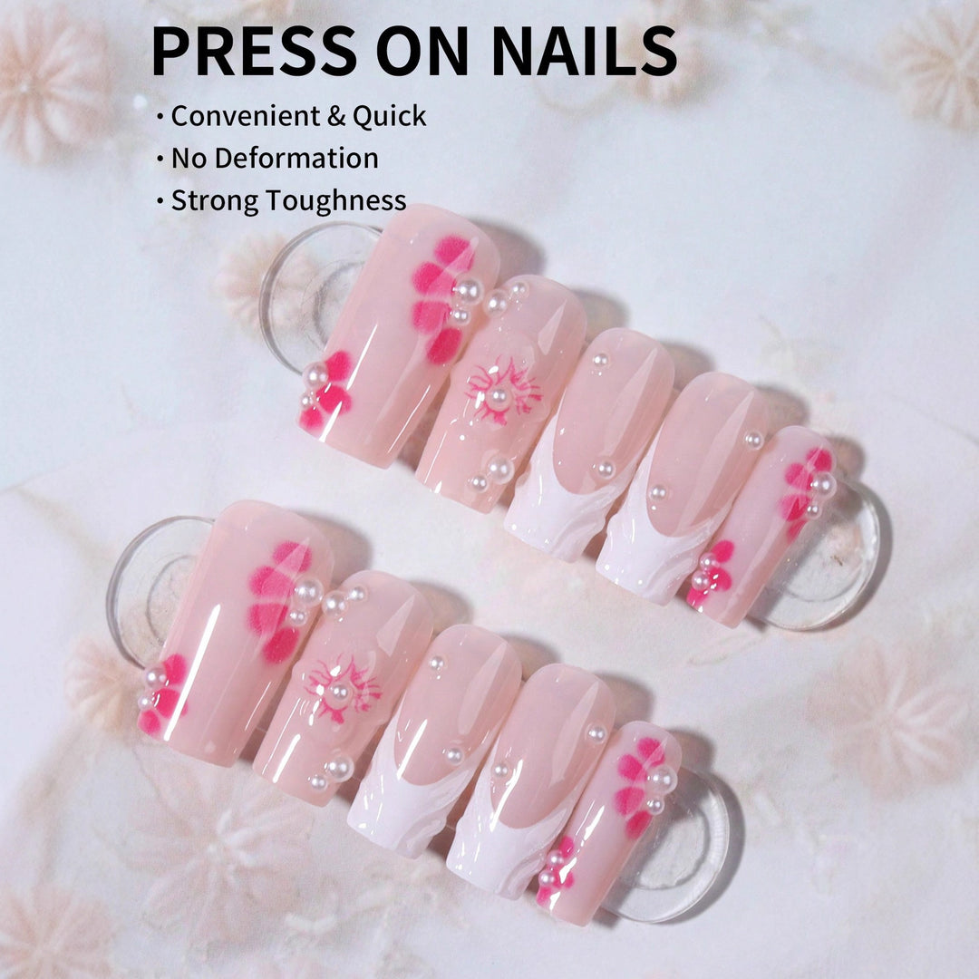 Nail art set with floral 3D decorations and pearl accents Kalsten