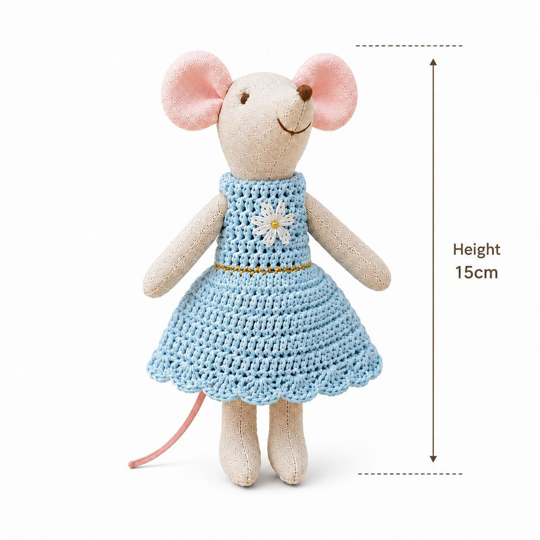 Miniature Hand-Sewn Linen Mouse Soft Toy with Crocheted Dress