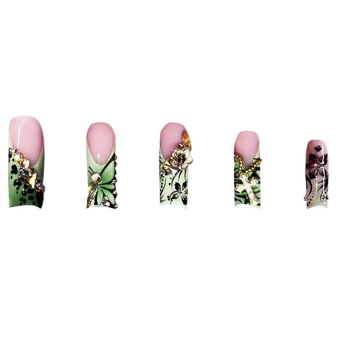 Decorative Floral Press-On Nails with Gem Accents Kalsten