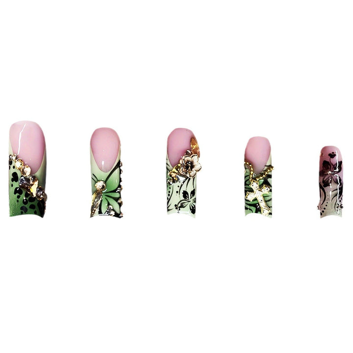 Decorative Floral Press-On Nails with Gem Accents Kalsten