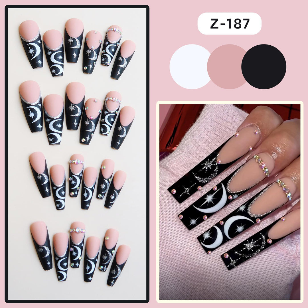 Artistic Long Stiletto Press-On Nail Set with Moon and Star Designs