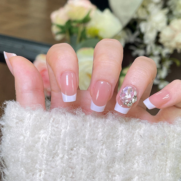 Elegant French Tip Press-On Nails with Decorative Rhinestone Accent Kalsten