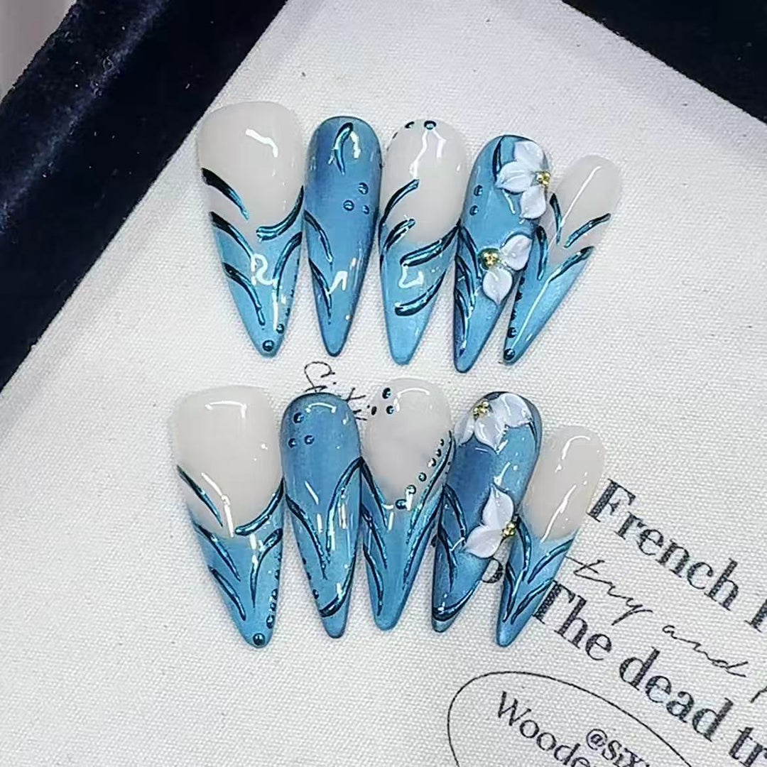 Artistic Press-On Nail Set with Floral and Wave Design Kalsten