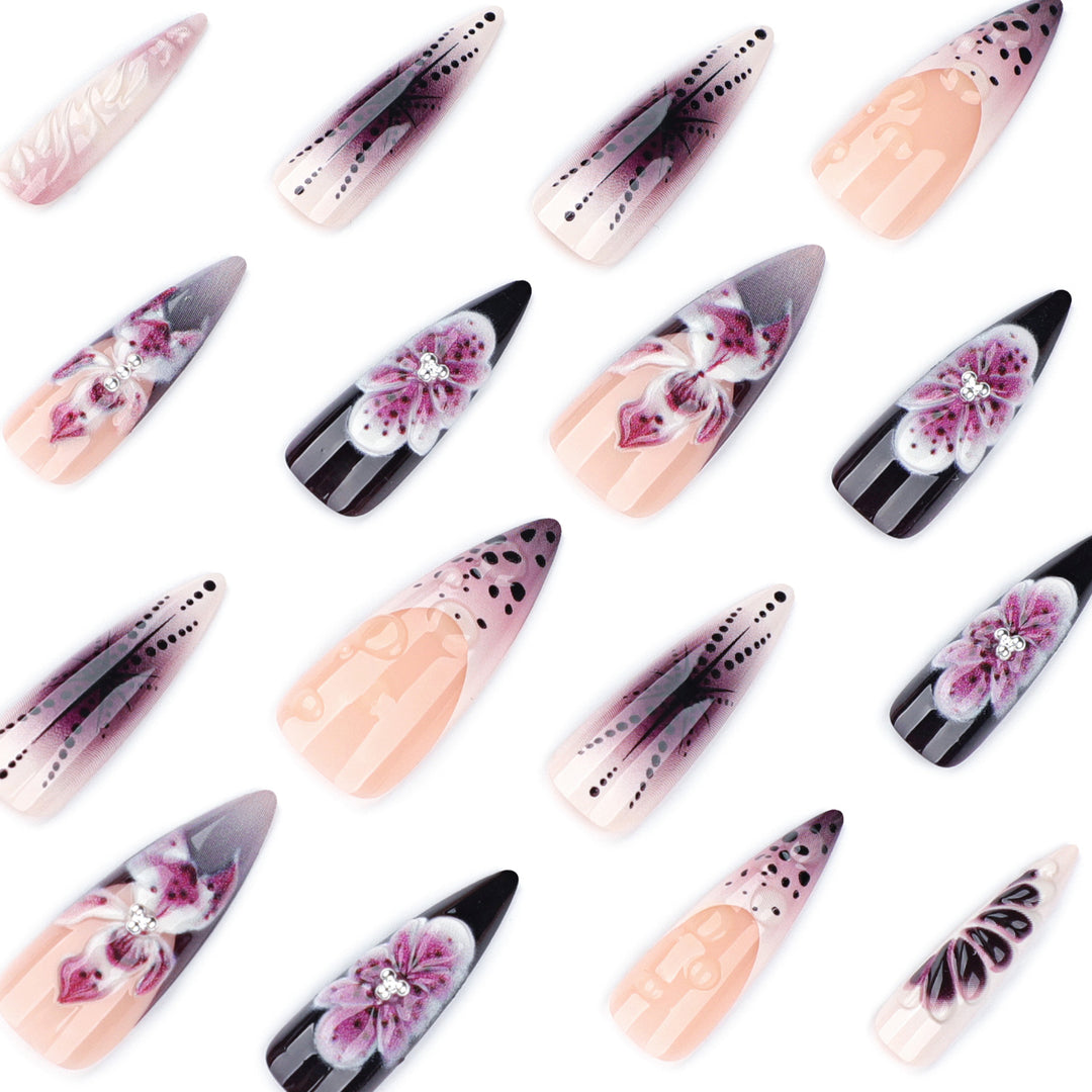 Artistic stiletto nails with floral 3D embellishments Kalsten