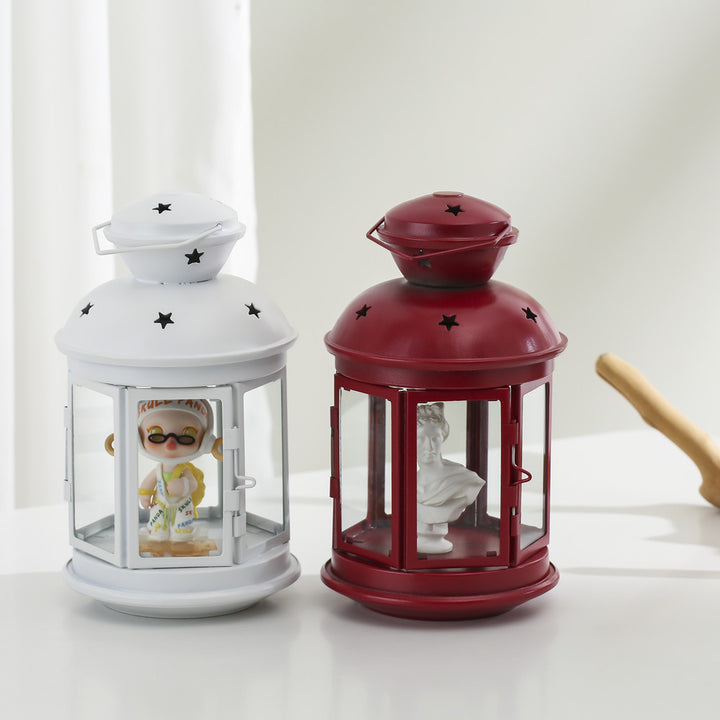 Vintage-Inspired Cylindrical Metal Tea Light Lantern with Star Vent Cutouts and Hinged Glass Door Kalsten